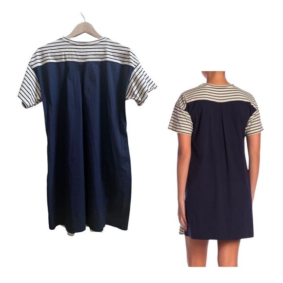 Theory Cream Blue Relaxed Fit Striped Combo Pocket Shift Shirt Dress Size Medium - Picture 3 of 12